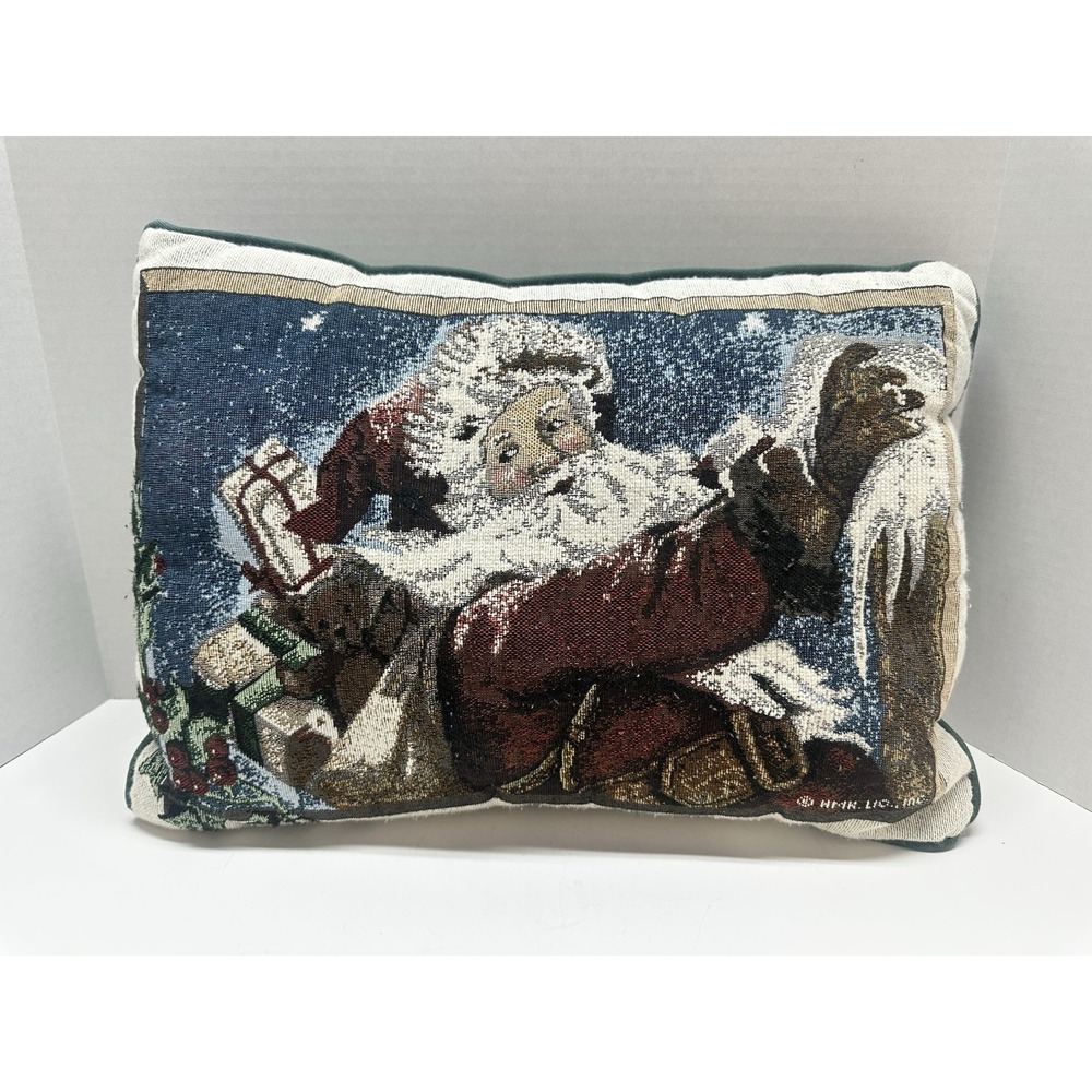 VTG Tapestry Christmas Throw Pillow Santa Sleigh Christmas Present 12"x16" HMK